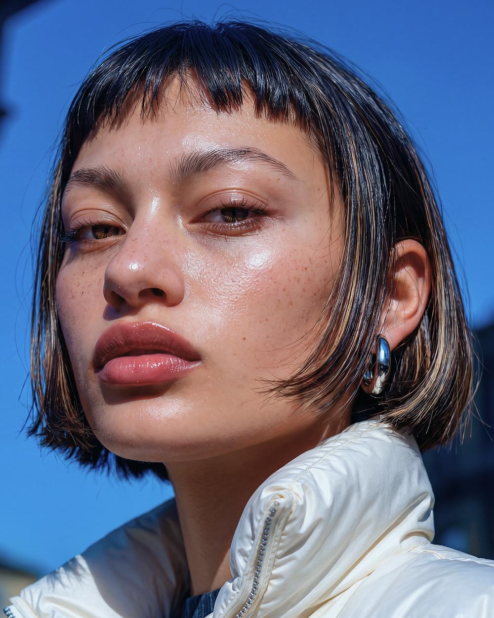 Bob haircut, white jacket